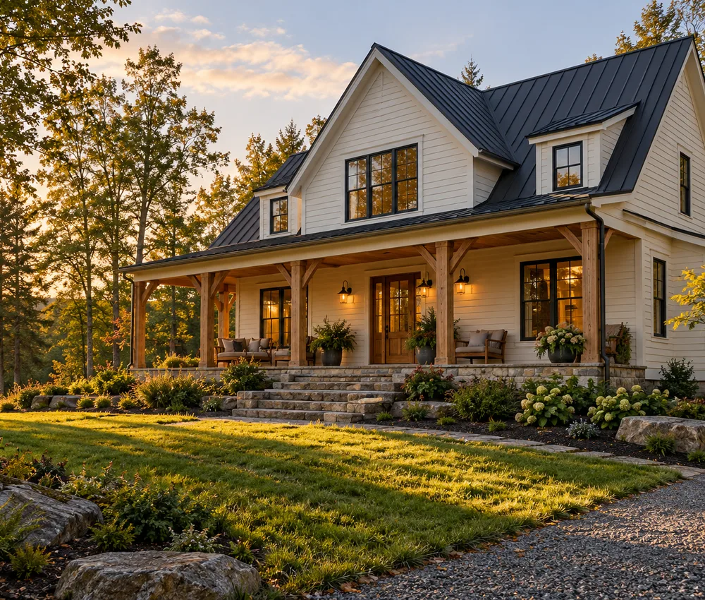 AI-generated home exterior inspiration with cream siding, metal roof, and timber porch