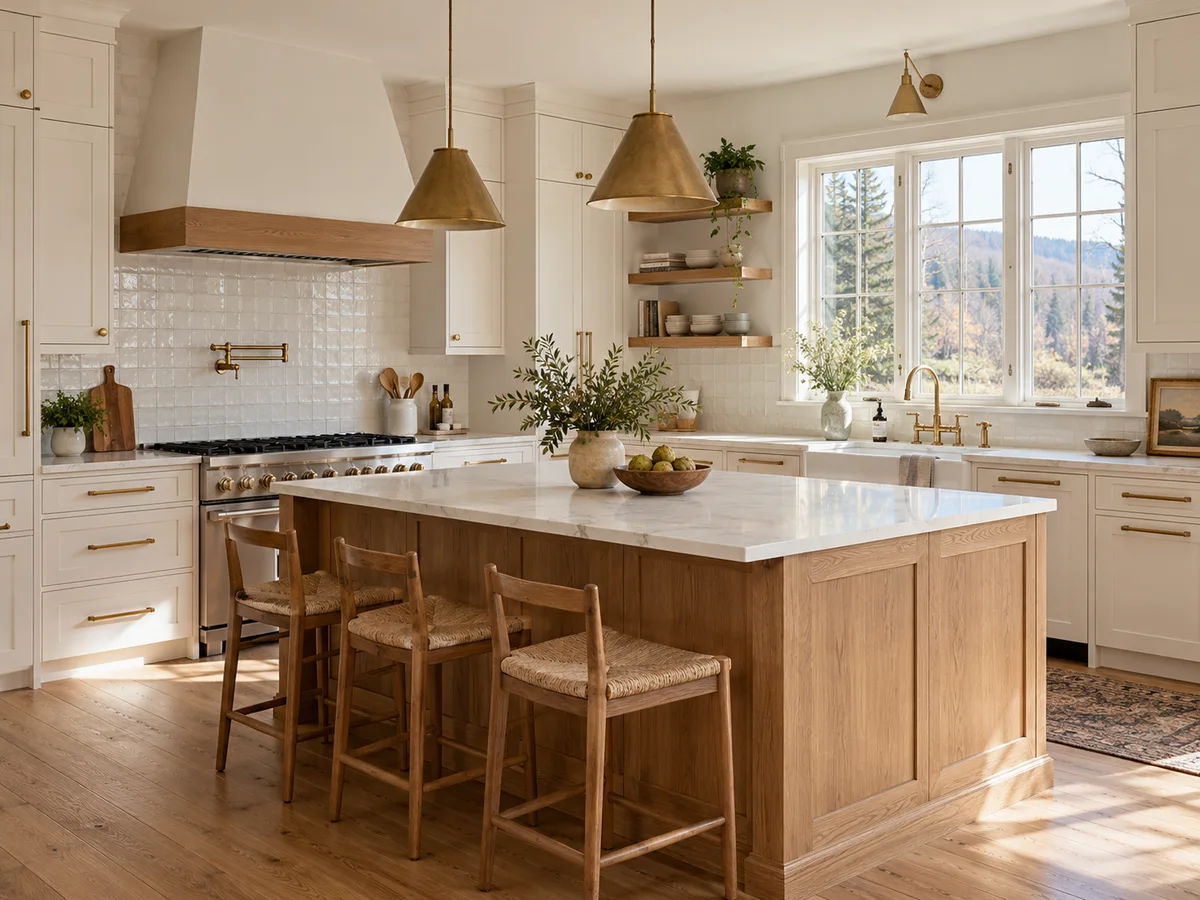 AI-generated kitchen inspiration with oak island, white cabinetry, and warm natural finishes